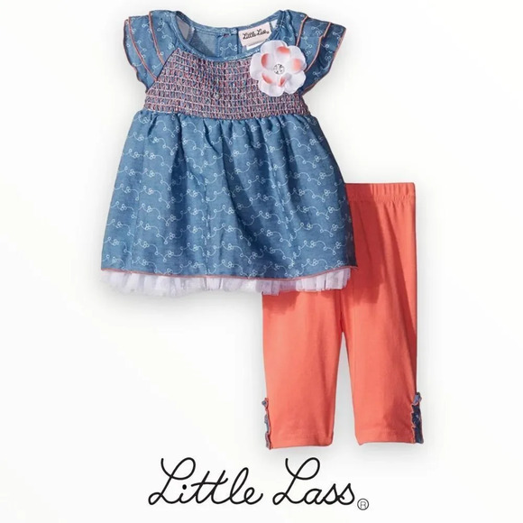 LITTLE LASS | Blue & Coral | Capri Set Smock Flower - Picture 1 of 3
